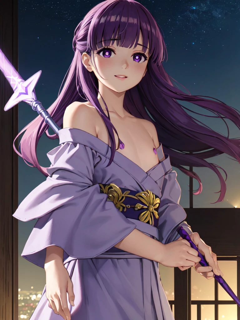 masterpiece, best quality, ultra detailed, highres, extremely detailed CG unity 8k wallpaper, perfect lighting, very detailed background, beautiful and aesthetic,sharp focus, perfect face, dynamic pose, dynamic angle,
1girl, upper body, (portrait:1.1), multicolored yukata, looking at viewer, full-face blush, from side, from below, smile,Open your mouth、Pink Lips、Close up on face、
night, dark sky, skyscraper, Penthouse in Tower Mansion、balcony、Starry Sky、
、(Shoulder Bare:1.6)、(Off the shoulder:1.7)、(Holding a wizard's wand:1.3)、(flat chest:1.4)、
fern, long hair, bangs, (purple eyes:1.1), purple hair, sidelocks, blunt bangs, (bright pupils:1.5), half updo,