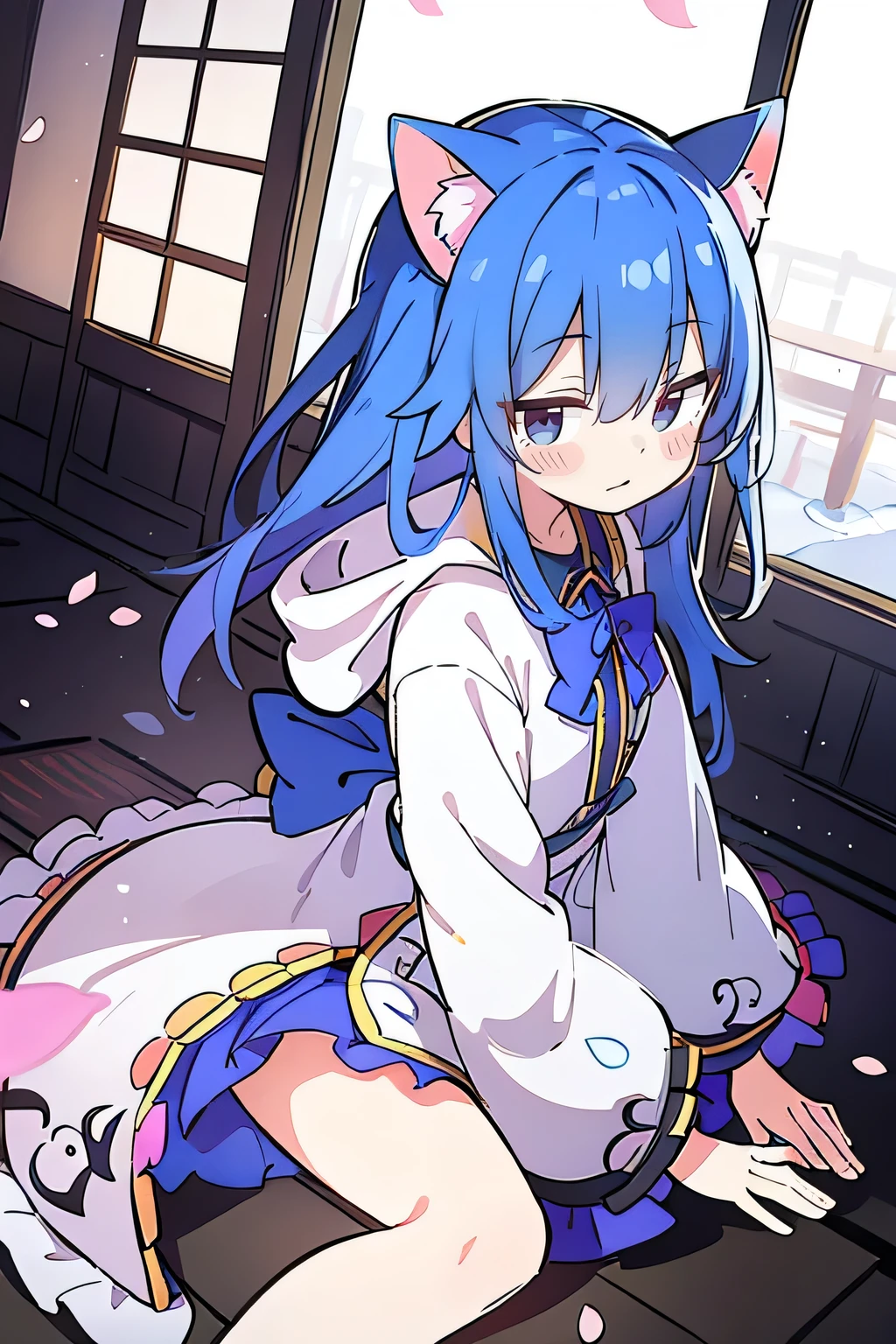 (masterpiece:1.2),Super detailed,lifelike,Expressive eyes,fair skin,perfect face shape,1 girl,
Japanese comics,Gorgeous blue hair,flowing blue hair,flowing clothes,Cat ears,Petals fall,beautiful lola,Baby Angel,
Shaking head with one hand,Cross your legs,Gentle and peaceful background,The pavilion is cool and comfortable,smile, wearing hoodie, background of tokyo,back views,snowing, winter.