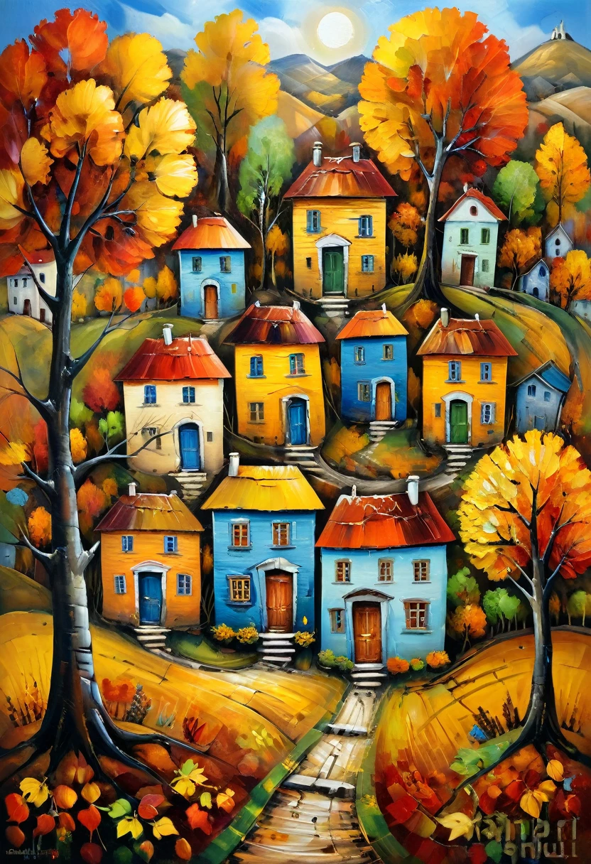 Gold autumn. in the style of primitivism. David Martiashvili. A rich palette, a special writing technique. Synthesis of primitive forms with complex painting techniques. Aesthetics. Colorful oil painting. Old shabby houses that have retained their beauty and charm
