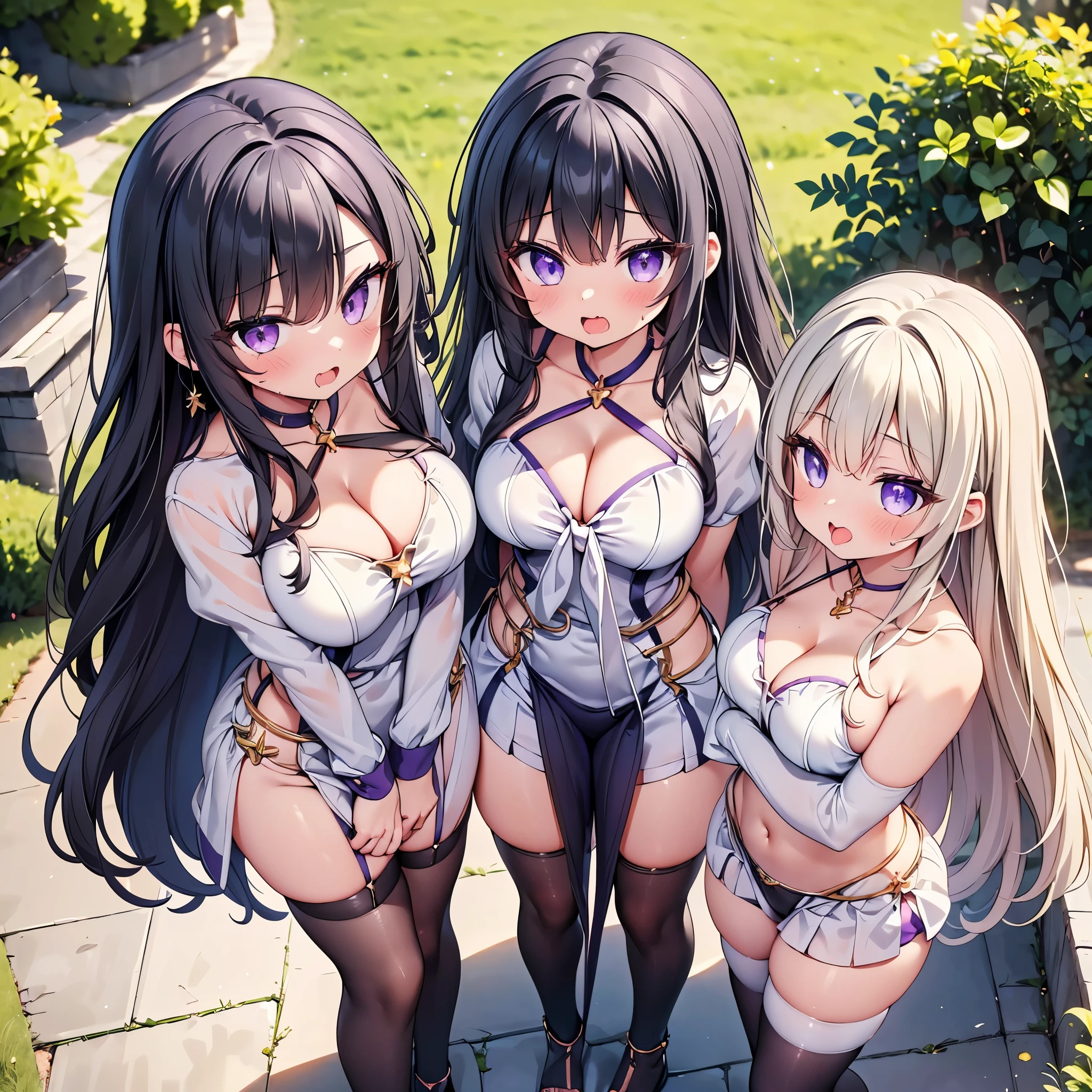 highest quality,wonderful,finely,extremely detailed CG Unity 8K wallpaper, (Stand in line:1.2), (3 girls, cute eyes, Black Hair, Purple Eyes, long hair, clothed), (sparkling eyes:1.2), (midium breasts), (wariza:1.4), (cleavage), (open mouth:1.1), (long tongue:1.1), (mouth drool:1.1), (black stockings:1.1),(Thighs:1.2),(Waistline:1.1),(Waistline), (From above:1.4)