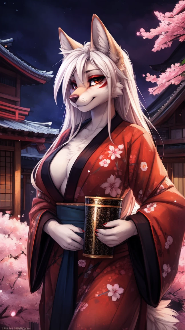 by kenket, Ross Tran, ruan jia, zaush, foxovh, by Zackary911, by hyattlen, by teranen, by fumiko, by Pixelsketcher, by fluff-kevlar, bye r-mk, by Dimwitdog, Furry, Anthro, (geisha), (luxurious kimono), female white fox with red markings, kemono, (huge breasts), long (elegant) white hair, hourglass body, seductive, alluring eyes, looking at viewer, red markings on body, white fur, traditional japanese, magic fantasy, (mature), milf, tall, curvy, outdoors, cherry blossoms, nighttime, (red eyeshadow), red eyeliner, very expensive kimono with detailed cherry blossoms on it,