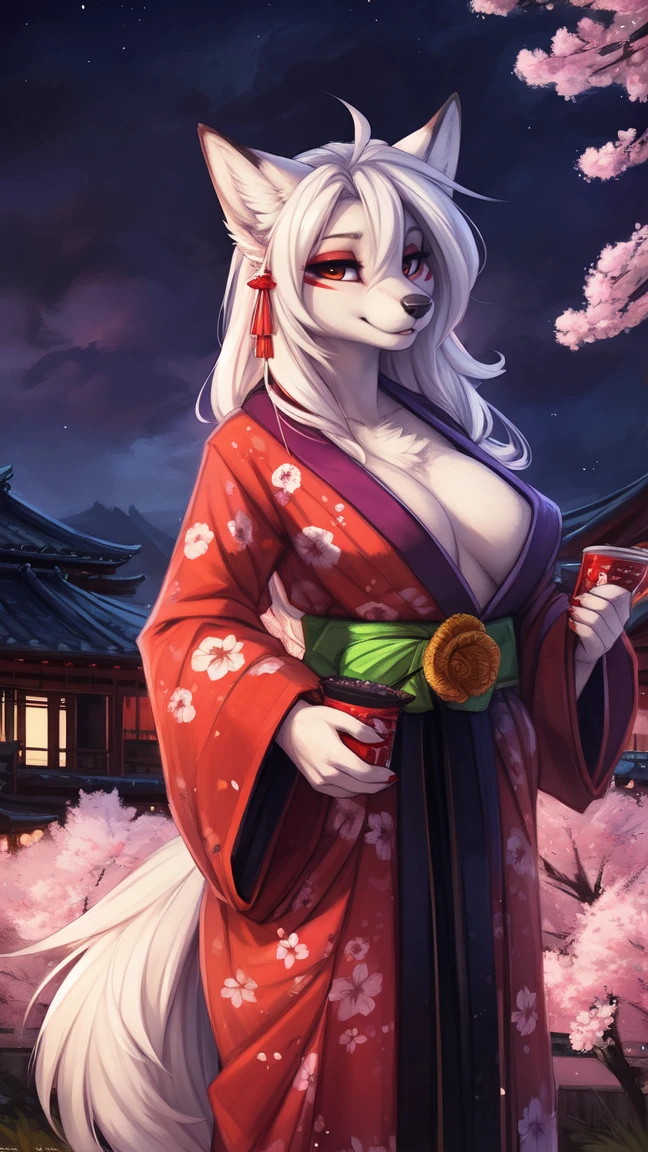 by kenket, Ross Tran, ruan jia, zaush, foxovh, by Zackary911, by hyattlen, by teranen, by fumiko, by Pixelsketcher, by fluff-kevlar, bye r-mk, by Dimwitdog, Furry, Anthro, (geisha), (luxurious kimono), female white fox with red markings, kemono, (huge breasts), long (elegant) white hair, hourglass body, seductive, alluring eyes, looking at viewer, red markings on body, white fur, traditional japanese, magic fantasy, (mature), milf, tall, curvy, outdoors, cherry blossoms, nighttime, (red eyeshadow), red eyeliner, very expensive kimono with detailed cherry blossoms on it, 