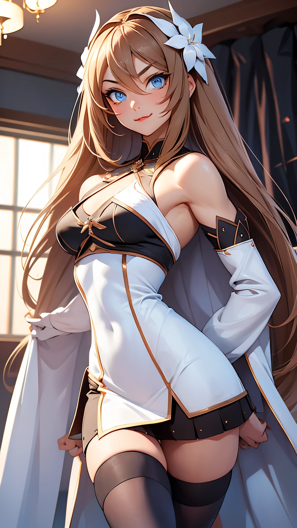1girl, walking proudly, marta lualdi, blue eyes, brown hair, long hair, hair ornament, hair between eyes, dress, detached sleeves, white silk gloves, miniskirt, black thighhighs, fallen hero cape, winged, sword in its sheath behind her back, divine weapon behind herself, abs, very strong, agile, fit, muscles, flat chest, muscular, (steroid:0.6), female bodybuilder, powerful, godly, classy, modesty, glamourous, dominant, arrogant, proud, confident, mean, super tall, smirking, fangs, lipstick, eye shadow, blush, makeup, looking at viewer, (from below:0.7), Honeymoon bed with curtains underneath a waterfall, dark night, extremely detailed, high quality, high resolution face, score_9, score_8_up, solo,