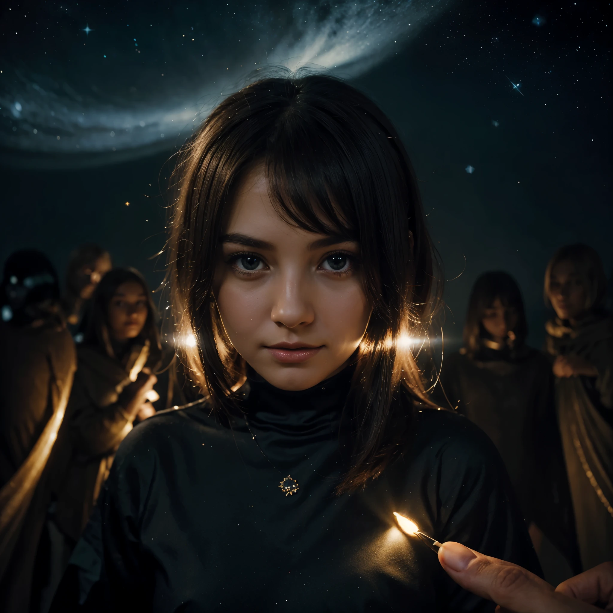 The picture shows a luminous girl among a group of dark figures. The illuminated figure is in the center and is looking at me or contemplating, emitting a light that illuminates the darkness around it. The dark people around the bright girl are undefined, creating a sense of mystery and making the bright figure the focus of attention. The drawing style is similar to cartoon and anime, effectively using light and shadow effects to create a gentle and dazzling atmosphere enhanced by the stars and sparkles spread throughout the image. 