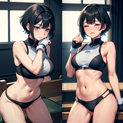She is crying a lot in the waiting room. She is shedding a lot of tears. She is wiping her tears with her hands. her eyes are closed. She is exhausted. After losing a martial arts match. Disappointed.Cute Japanese high school girl with short-cut black hair. Sports bra,  pants, open finger gloves. Very sweaty, slender body, poor body, Small . poor belly, 