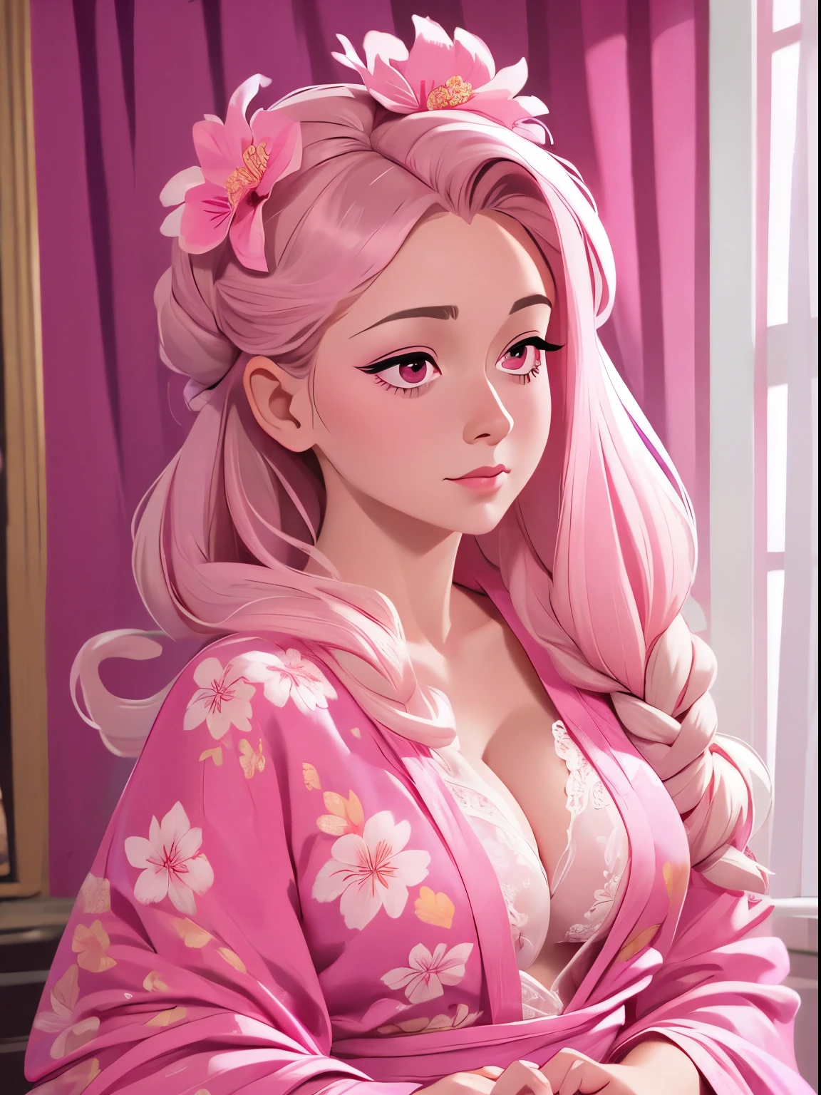 a close up of a woman in a pink robe posing for a picture, sleepwear, wearing pink floral gown, silk robes, wearing pink floral chiton, wearing a luxurious silk robe, wearing a nightgown, wearing a long flowing robe, wearing fuchsia silk robe, nightgown, in a silk robe, wearing a simple robe, wearing simple robes, flowing robe