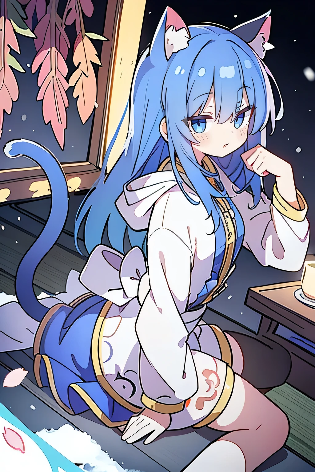 （masterpiece：1.2），Super detailed，lifelike，Expressive eyes，fair skin，perfect face shape，1 girl，
Japanese comics,Gorgeous blue hair,flowing blue hair,flowing clothes,Cat ears,Petals fall,beautiful lola,Baby Angel,
Shaking head with one hand，Cross your legs，Gentle and peaceful background，The pavilion is cool and comfortable,smile, wearing hoodie, background of tokyo,back views,snowing, winter.