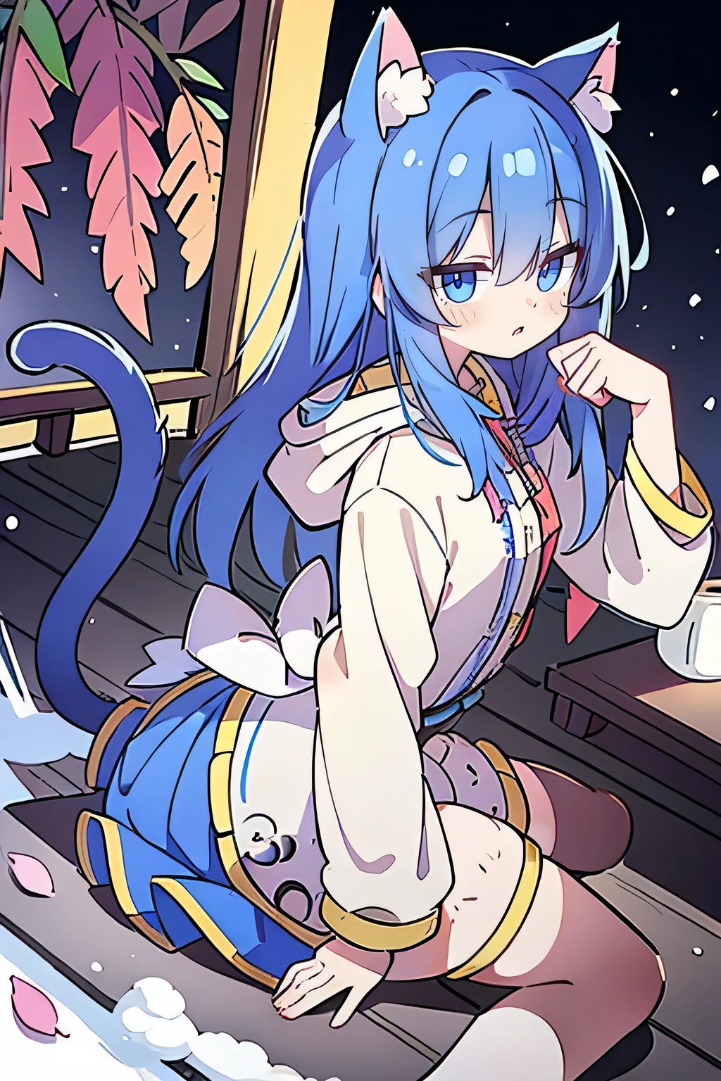 (masterpiece:1.2),Super detailed,lifelike,Expressive eyes,fair skin,perfect face shape,1 girl,
Japanese comics,Gorgeous blue hair,flowing blue hair,flowing clothes,Cat ears,Petals fall,beautiful lola,Baby Angel,
Shaking head with one hand,Cross your legs,Gentle and peaceful background,The pavilion is cool and comfortable,smile, wearing hoodie, background of tokyo,back views,snowing, winter.