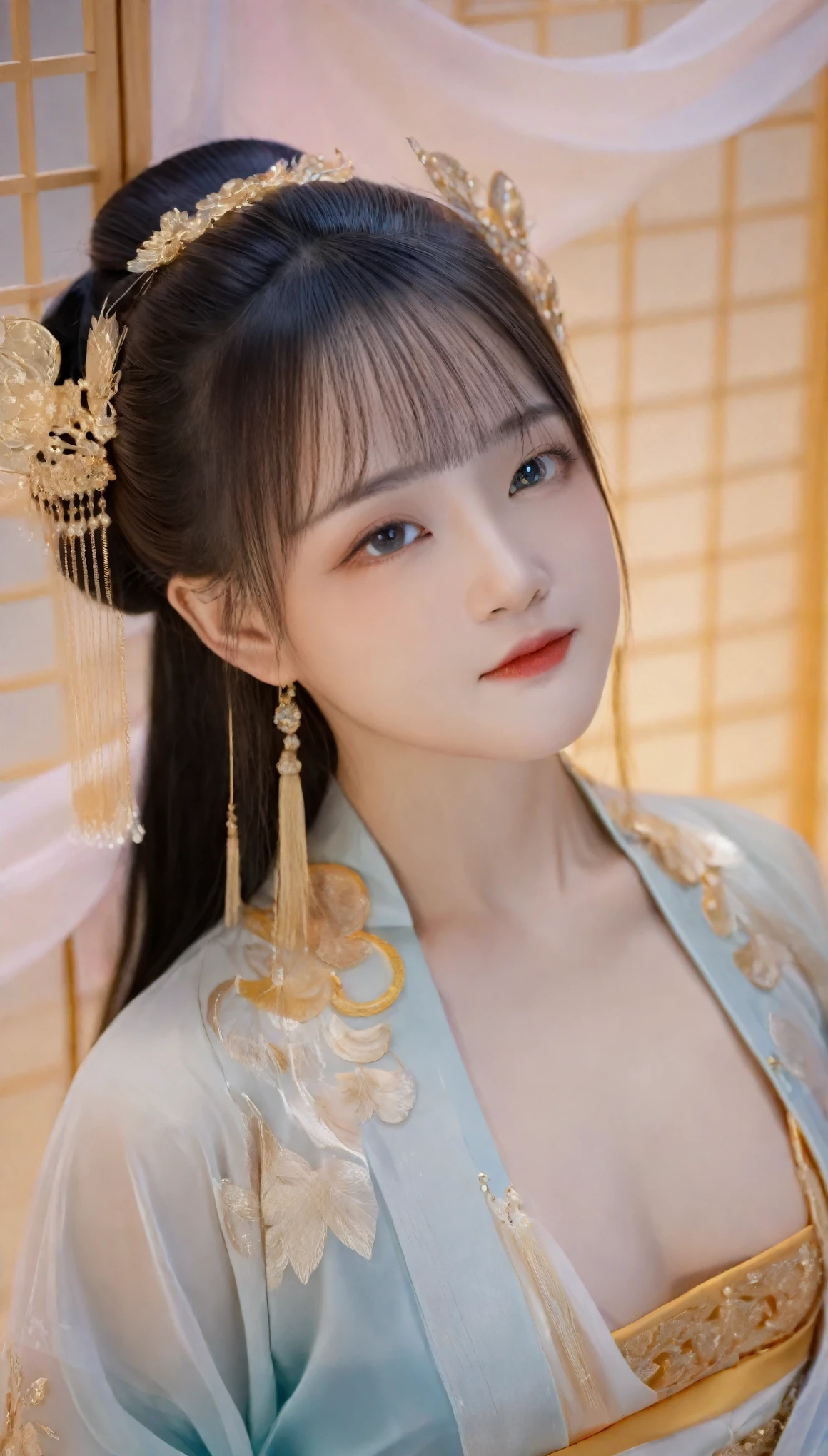 (best quality,4k,8k,highres,masterpiece:1.2),ultra-detailed,realistic:1.37,hanfu-clad girl,semi-transparent attire,ample breasts,gold embroidery,detailed eyes,long eyelashes,ethereal aura,naive,dreamy,kawaii appearance,soft lighting,vibrant colors