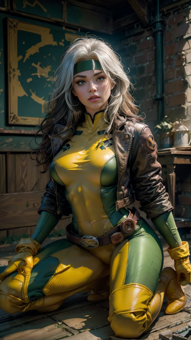 (dark shot: 1.1), epic realistic, Rogue from X-Men, 1 girl, only 1, beautiful, serious, green eyes, dark brown hair, (one white streak of hair), green headband, green and yellow bodysuit, jacket, belt, yellow gloves, open jacket, yellow boots, dark alley background, art by Greg Rutkowski and artgerm, soft cinematic light, Adobe Lightroom, darkroom, HDR, intricate, highly detailed, (depth of field: 1.4), faded, (neutral colors: 1.2), (hdr: 1.4), (muted colors: 1.2), hyper-detail (artstation: 1.4), cinematic, warm light, dramatic light (complex details: 1.1), ((siting on knees, kneeling, spreading legs wide open, cum facial 1.8))