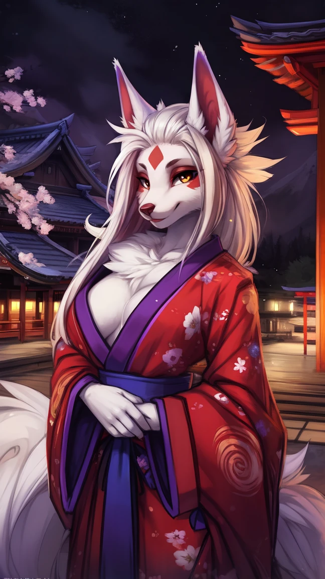by kenket, Ross Tran, ruan jia, zaush, foxovh, by Zackary911, by hyattlen, by teranen, by fumiko, by Pixelsketcher, by fluff-kevlar, bye r-mk, by Dimwitdog, Furry, Anthro, (geisha), (luxurious kimono), female white fox with red markings, kemono, (huge breasts), long (elegant) white hair, hourglass body, alluring eyes, looking at viewer, red markings on face, white fur, traditional japanese, magic fantasy, (mature), milf, tall, curvy, outdoors, cherry blossoms, nighttime, (red eyeshadow), red eyeliner, nine tails, ((kyubi)), youkai, lipstick, shrine, tori gate,