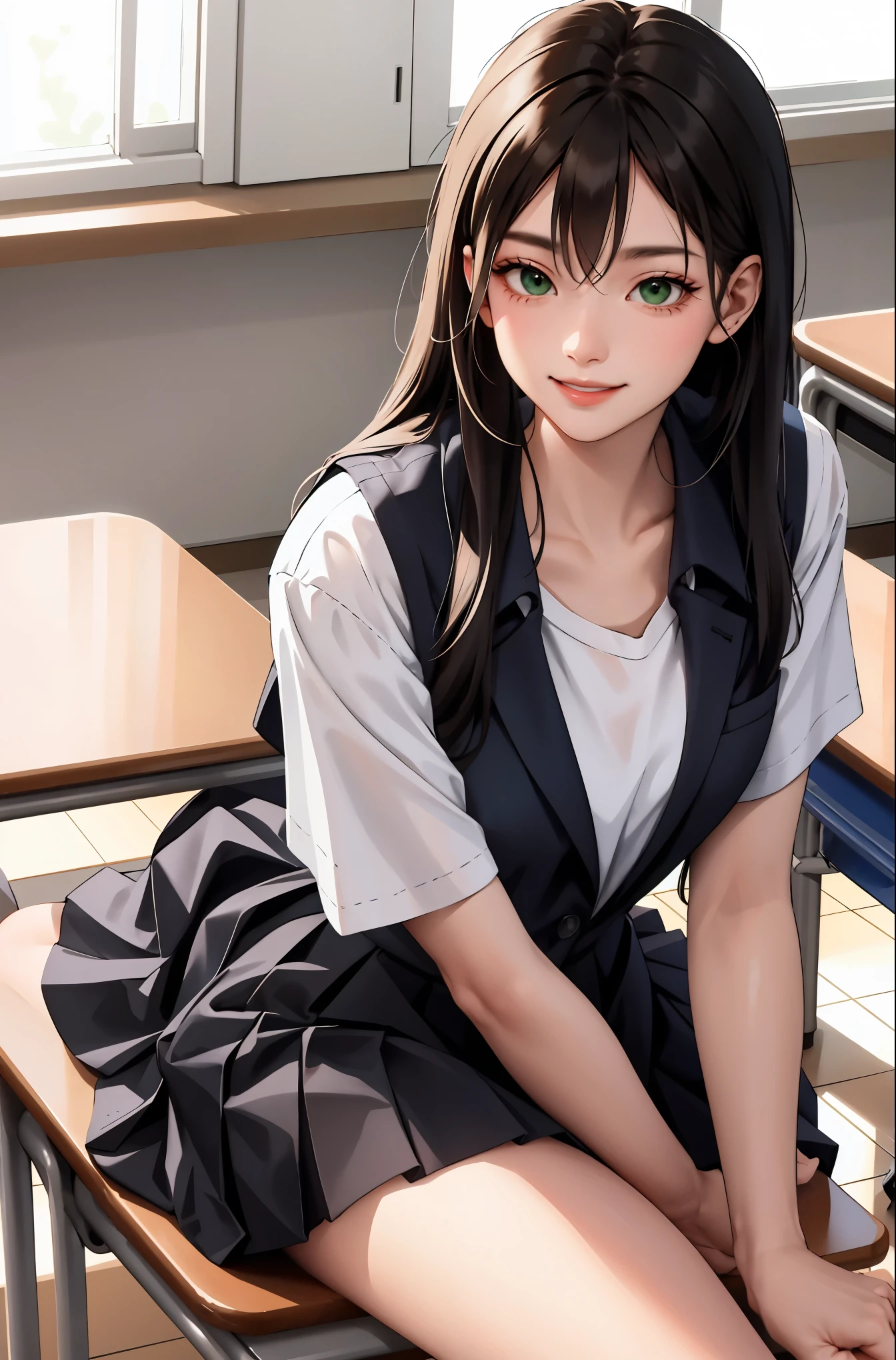 (masterpiece:1.2, best quality), (real picture, intricate details), 1lady, solo, upper body, showing legs, sitting down, school, school settings, long hair, minimal makeup, detailed face, smiling, really long black hair, bangs, hair between eyes, green eyes, big plump breasts, big ass, SFW, clothes, , school skirt, school t-shirt, PROPER school clothes, (school classroom), (school), (cute), (innocent)