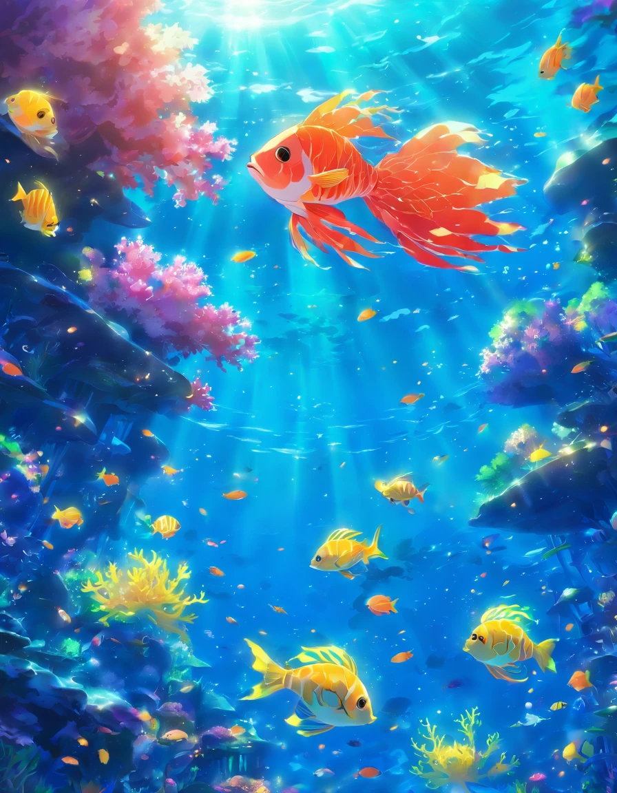There are beautiful corals on the seabed.、Colorful fish swimming in the sunlight