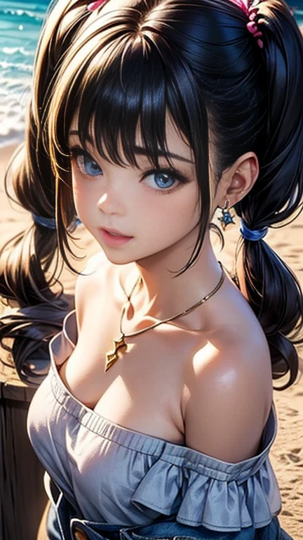 (((highest quality)), ((masterpiece)), (Very detailed), (Very high resolution), (Beautiful detailed sparkle))), ((Realistic)),
8k, (Anime Style), Anime 2D Rendering, Realistic young anime woman,
One Woman:1.5,
(Symmetrical facial features:1.4, Perfect Face), Beautiful clavicle, (Beautiful fingers), (((Beautiful breasts, Slightly smaller chest))),
Beautiful body, Beautiful thighs, Beautiful feet, Perfect round butt, (((Detailed skin, Textured skin, Beautiful shiny white skin))),
BREAK
(, cute, 18-year-old),
Double eyelids, Natural eyebrows, Long eyelashes,
(Expression of fine eyes, Beautiful and delicate eyes, Sparkling eyes, twinkle in the eyes, blue eyes),
(Beautiful Nose,Thin Nose),
(Glossy Lips, Beautiful Lips, thick lips),
(Beautiful Hair, Shiny Hair, Shiny Hair), Hair fluttering, (Blue Hair, ((Twin tails))),
BREAK
(black off shoulder tops:1.4)、(Denim skinny pants), sneakers, Earrings、Silver Necklace、 BREAK
(Enchanting、Embarrassed expression、Laughing expression), (First Person View、Character portrait)、((sunlight、coastal))