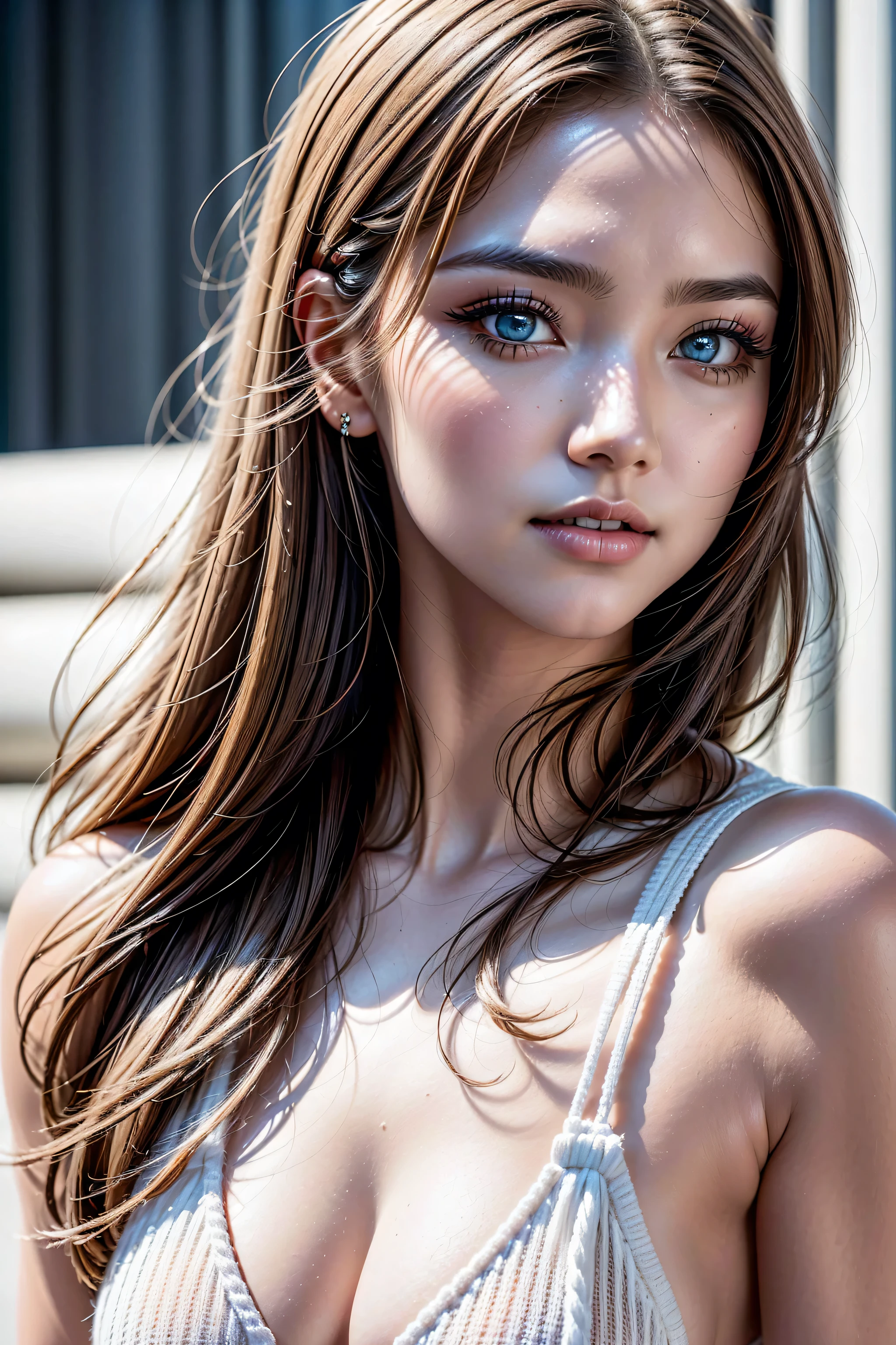 (1girl:1.35, 20-year-old), Realism, (high resolution), ((chiaroscuro, ray tracing lighting)), ((highest quality realistic texture skin)),((highest quality realistic texture hair)), ((the most absurd quality perfect body shape)), ((small head:1.3)), slim-muscled body, ((perfect proportions)), ((anatomically correct)), ((perfect dynamic body posture, super k-pop idol)), ((super detail beautiful slim and round face:1.3)), light pale complexion, ((Insanely detail clear and sharp perfect round realistic aqua_eyes:1.2)), finely detailed pupils, best detailed lips, ((perfect profesional delicate everyday makeup)), ((wearing loose and fluffy white knit dress:1.3)), (close up of her face), (in the background a construction masterpiece, a Victorian bathroom with a modern nautical accent:1.25), ((radiant smiling, happy atmosphere)), ((perfect delicate everyday makeup)),