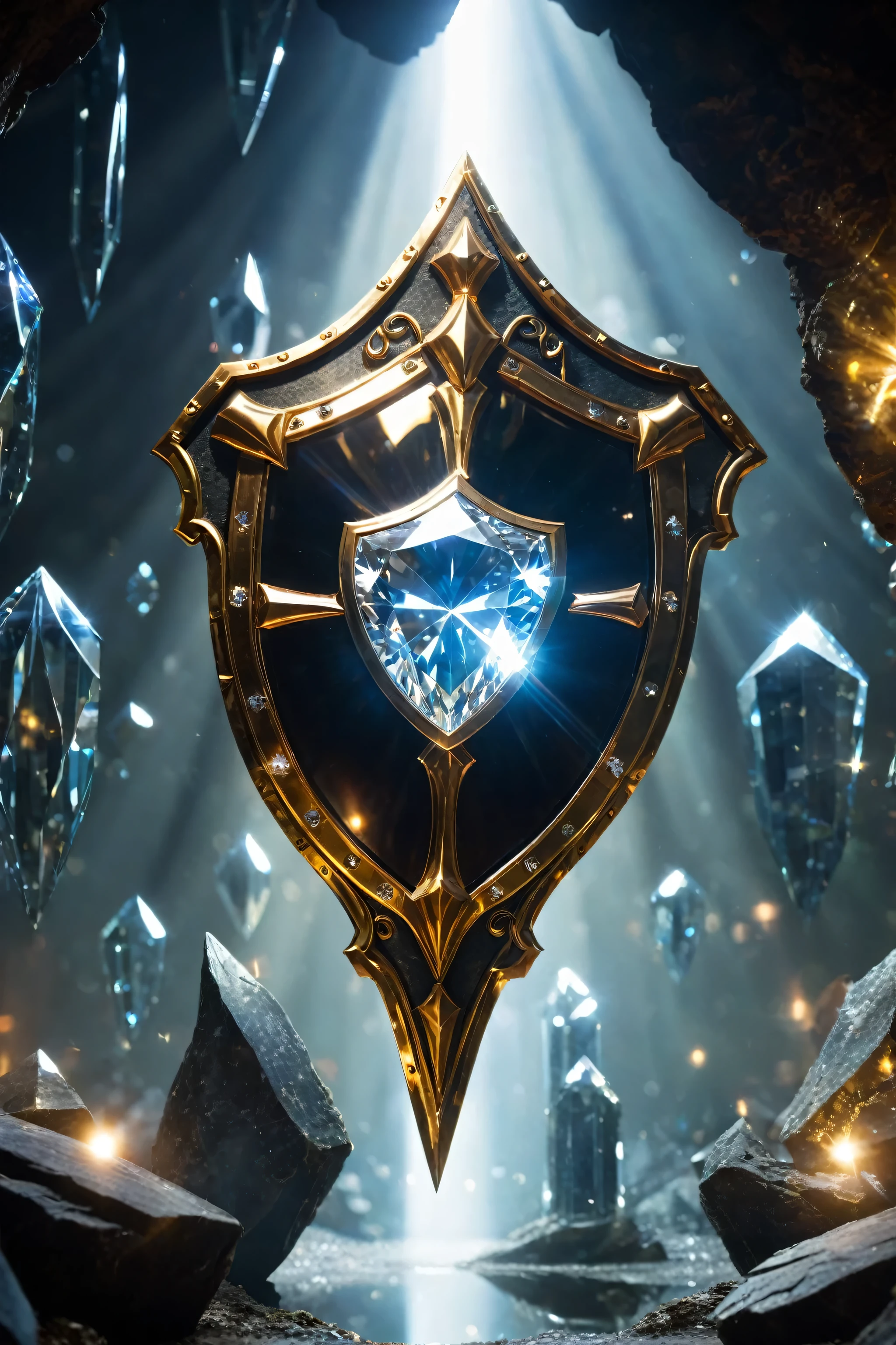 Diamond Shield of Reflection, Crafted from enchanted mirrors and shimmering with a crystalline sheen, the Shield of Reflection is a guardian of unparalleled defense, Its design is elegant yet formidable resembling a large circular shield adorned with intricate patterns of reflective diamonds, Embedded within its surface are countless mirrors each reflecting and refracting light in mesmerizing patterns, At its center a radiant diamond pulsates with otherworldly power, With a raise it forms an impenetrable barrier of shimmering energy capable of deflecting any attack with uncanny precision, masterpiece, best quality, hyper detailed, ultra detailed, UHD, dof, hyper-realism, majestic, awesome, inspiring, cinematic, deep blacks, cinematic composition, soft shadows, national geographic style, wide shot, long shot, far away, bokeh, detailed background, crystal ruins