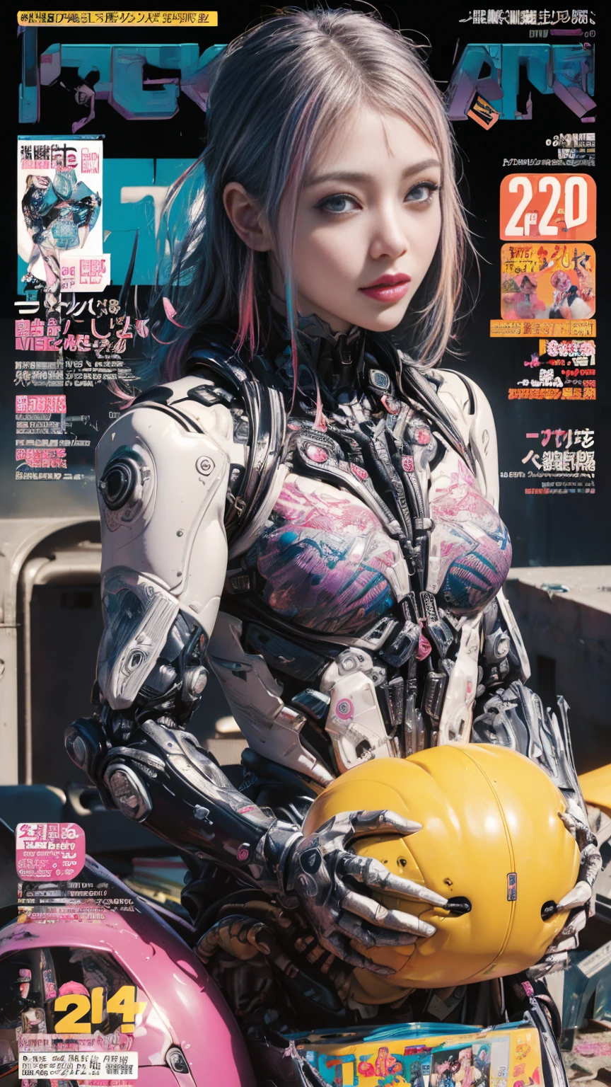 Flowing_contour biomechanical__cybernetic_airbrush___Strange__(((Japanese Harajuku style Fashion_(((colorful Magazine_cover)))__art_decor_Border)))__porcelain_and_Platinum / Futuristic Cyberpunk woman with porcelain skin, cybernetic implants.