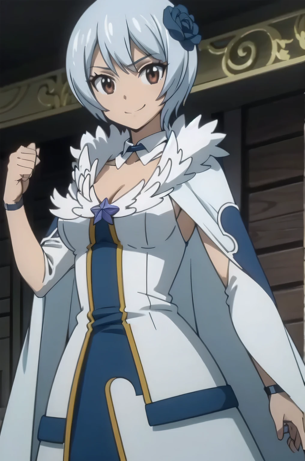 1girl, solo, facing viewer, looking at viewer, upper body, smile, yukinoagria, dress, cape, detached sleeves