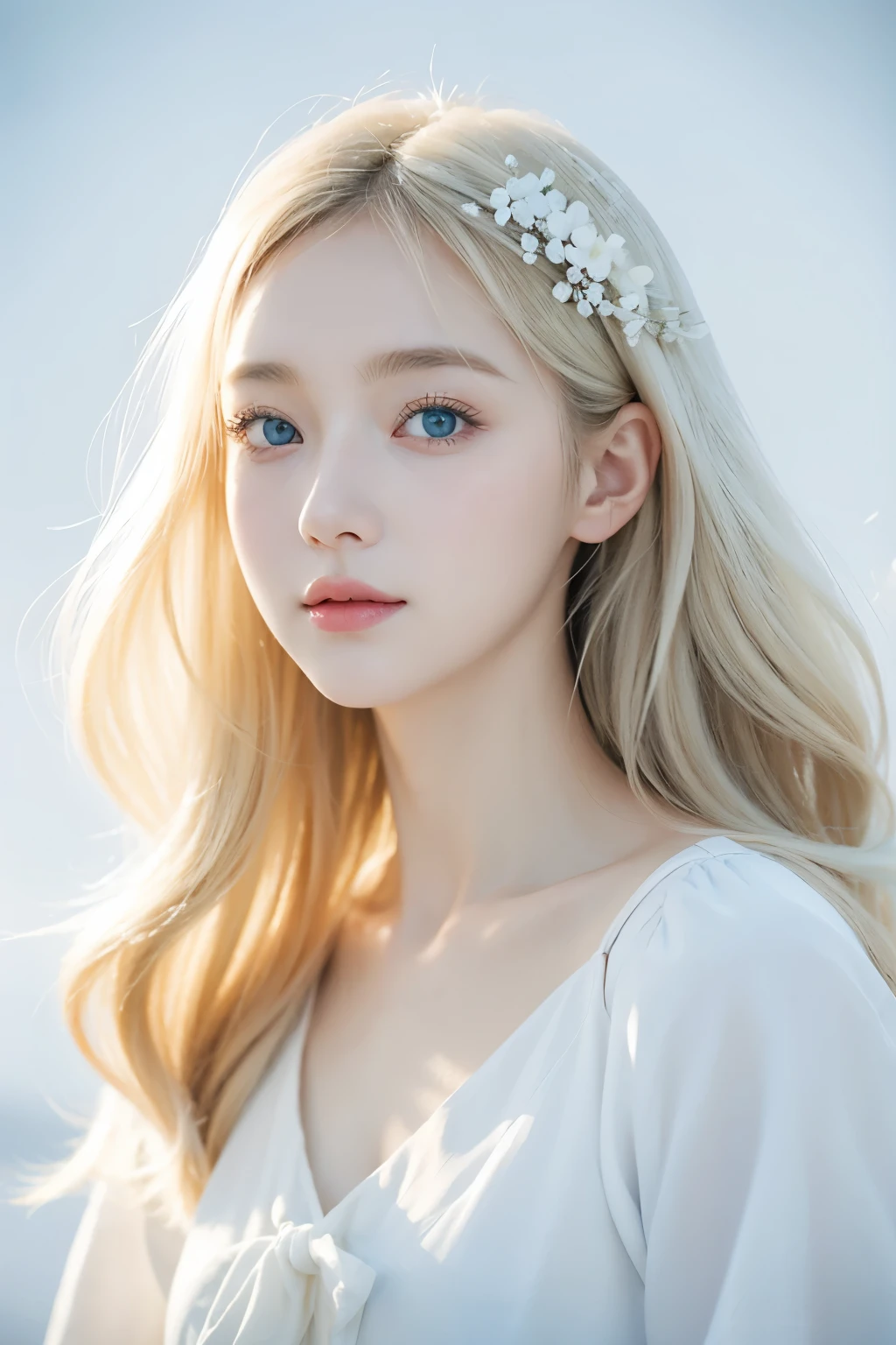 Highest Quality, pale skin, (Face and eye details: 1.2), 1 girl, Very delicate and beautiful girl, light blond, Wavy short hair, Blue eyes, snub nose, (somewhat childish appearance), ((very beautif)), (hitornfreckles: 0.4), curls, Whole body, Smile, Happy, With white flowers, coat, White background, a white world, she standing on top, White background, portrait of cute anime girlbabes, Anime visuals of cute girls, Anime girl in white dress with flowers in her hair, crisp clear rpg portrait, watercolor paiting,