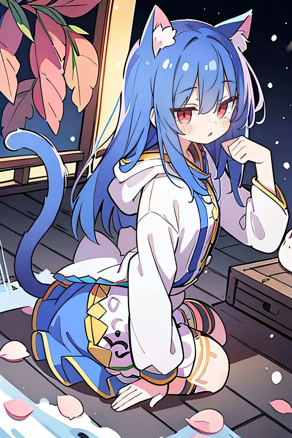 (masterpiece:1.2),Super detailed,lifelike,Expressive eyes,fair skin,perfect face shape,1 girl,
Japanese comics,Gorgeous blue hair,flowing blue hair,flowing clothes,Cat ears,Petals fall,beautiful lola,Baby Angel,
Shaking head with one hand,Cross your legs,Gentle and peaceful background,The pavilion is cool and comfortable,smile, wearing hoodie, background of tokyo,back views,snowing, winter.