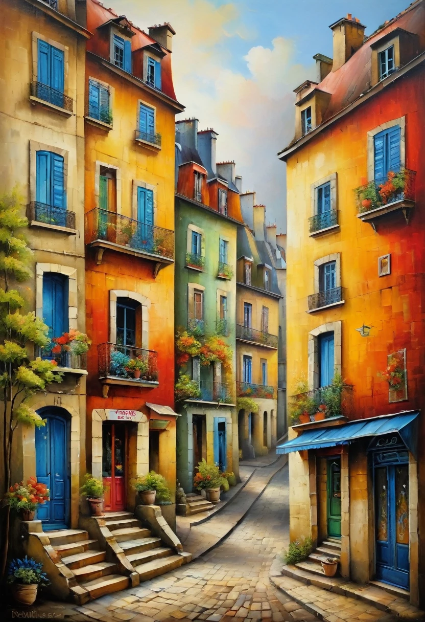 Old quarters of Paris in 1986, in the style of primitivism. David Martiashvili. A rich palette, a special writing technique. Synthesis of primitive forms with complex painting techniques. Aesthetics. Colorful oil painting. Old shabby houses that have retained their beauty and charm
