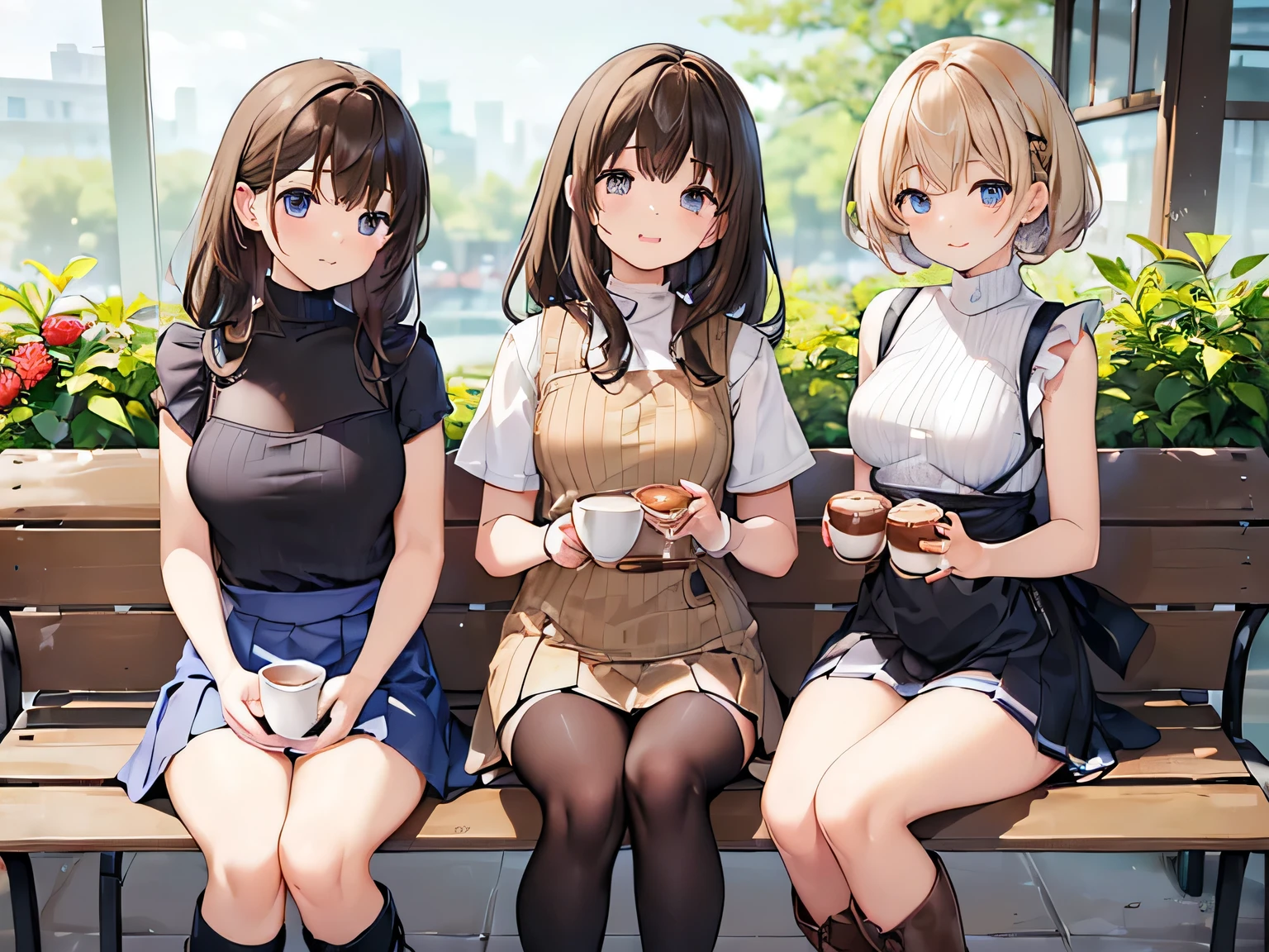 (masterpiece、highest quality、High resolution、Realistic photo、Real looking skin:1.1)、
(Three women are sitting side by side on benches in a cafe:1.8)、
(The skirt is so short that her panties are visible:1.5)、
(Smiling happily:1.5)、
(The first person was wearing a beige sleeveless turtleneck knit and a pleated mini skirt.、She is wearing brown knee-length boots、I have long black hair:1.5)、
(The second person is wearing a blue short-sleeved turtleneck sweater and a pleated he is wearing brown knee-length boots、She has short brown hair.:1.5)、
(The third girlfriend is wearing a white short-sleeved V-neck knit and a pleated he is wearing black knee-length boots、It&#39;s short black hair:1.5)、
(The location is a cafe bench.:1.5)、
Full Body Esbian、Beautiful Eyes、Shining Eyes、Shining thighs、NSFW