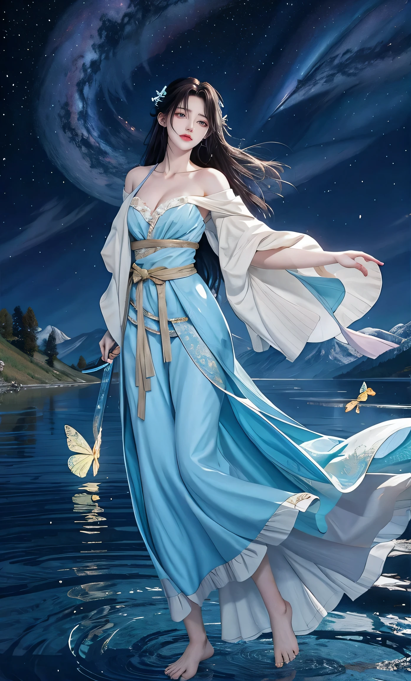 by rella, by Yoshitaka Amano, 1girl, 
beautiful face, parted lips, cleavage, splashing collarbone, detailed long hair, floating hair, wind effect,
strapless, bare shoulders, open shirt, designed by Thomas Allom,
standing on lake, water, barefoot, ripples, soft shadows, blue sky, cloud, cloudy sky, starry sky, space, nebula, aurora, milky way, petals, flowers, Butterfly, Blue Butterfly, particle,
looking at viewer, dutch angle,
[3d:flat-pasto:0.6], 
beautiful, aesthetic, elegance, ethereal beauty, transparent, clarity, detailed, intricate details, absurdres, beautiful color,
masterpiece, amazing quality, best quality, high quality, 4K, 8K, K, UHD,