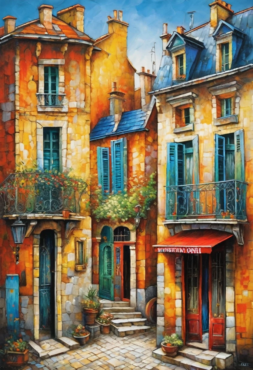 Old quarters of Paris in 1986, in the style of primitivism. David Martiashvili. A rich palette, a special writing technique. Synthesis of primitive forms with complex painting techniques. Aesthetics. Colorful oil painting. Old shabby houses that have retained their beauty and charm
