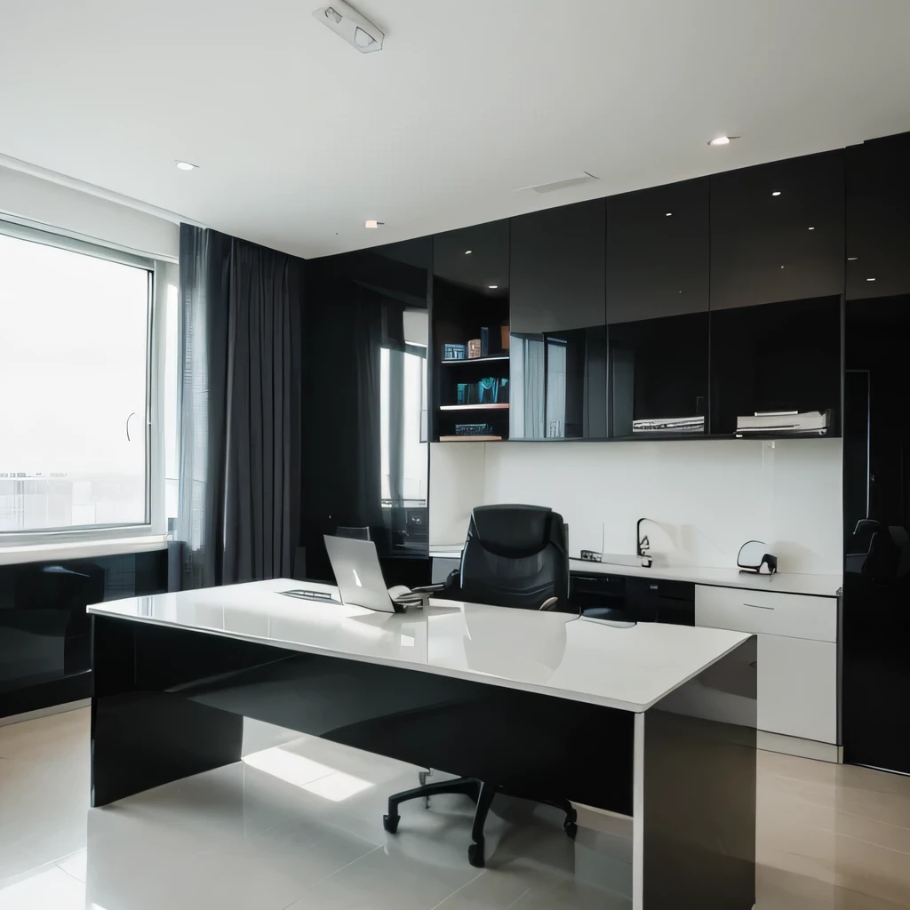 High definition picture of a large minimalist executive office, sleek, modern, high contrast colours