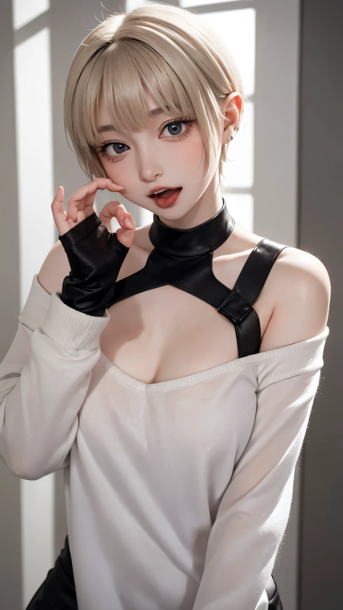 1 Girl、solo、masterpiece,highest quality,High resolution,Very detailed, skinny,Black Choker,Earrings,Big cleavage、Off-the-shoulder tight sweater dress,

 Cute pose、(((Open your mouth))), Heavy breathing , (aheghentai face:1.5), 
Blonde pixie short hair、
(((Accurate 5-finger)))、Accurate human body、The perfect human body、((Captivating smile ))、

entrance、indoor、open the door、Detailed Background、