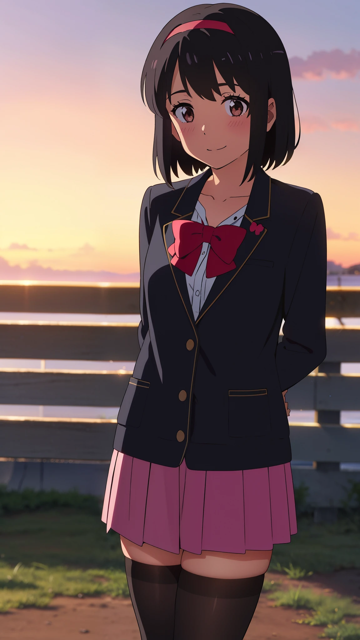 shinkai makoto, kimi no na wa., 1girl, bangs, black hair, blush, brown eyes, idol, idol clothes, collarbone, red headband, red ribbon, bow hair ornaments, open jackets, black bikini, pink skirt, short skirt, black thighhighs, short hair, smile, cute, solo, outdoors, sunset background, sunlight, evening. upper body