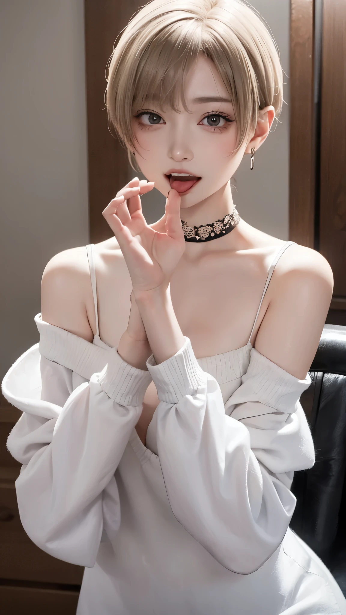 1 Girl、solo、masterpiece,highest quality,High resolution,Very detailed, skinny,Black Choker,Earrings,Big cleavage、Off-the-shoulder tight sweater dress,

 Cute pose、(((Open your mouth))), Heavy breathing , (aheghentai face:1.5), 
Blonde pixie short hair、
(((Accurate 5-finger)))、Accurate human body、The perfect human body、((Captivating smile ))、

entrance、indoor、open the door、Detailed Background、