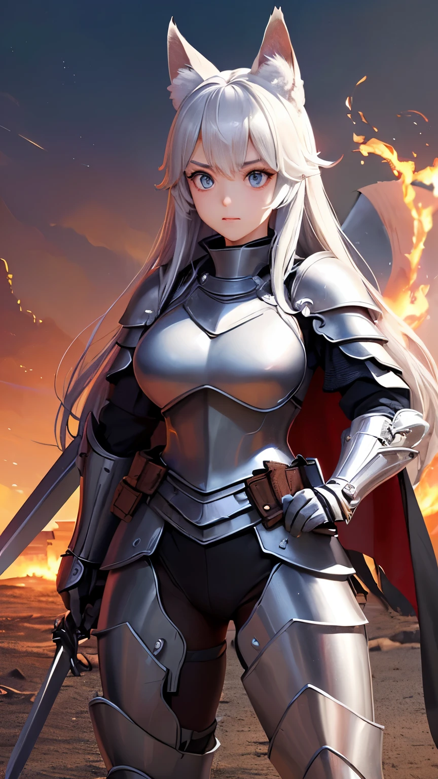 ((Highest quality))、((8K))、((Warrior))、((woman))、Big eyes、Double、((大人のwoman))、whole body、(armor)、((whole bodyarmor))、Fox Ears、long hair、((battlefield))、Cape、((Real))、Big Breasts、pants、((sword))、((手までReal))、((細部までReal))、