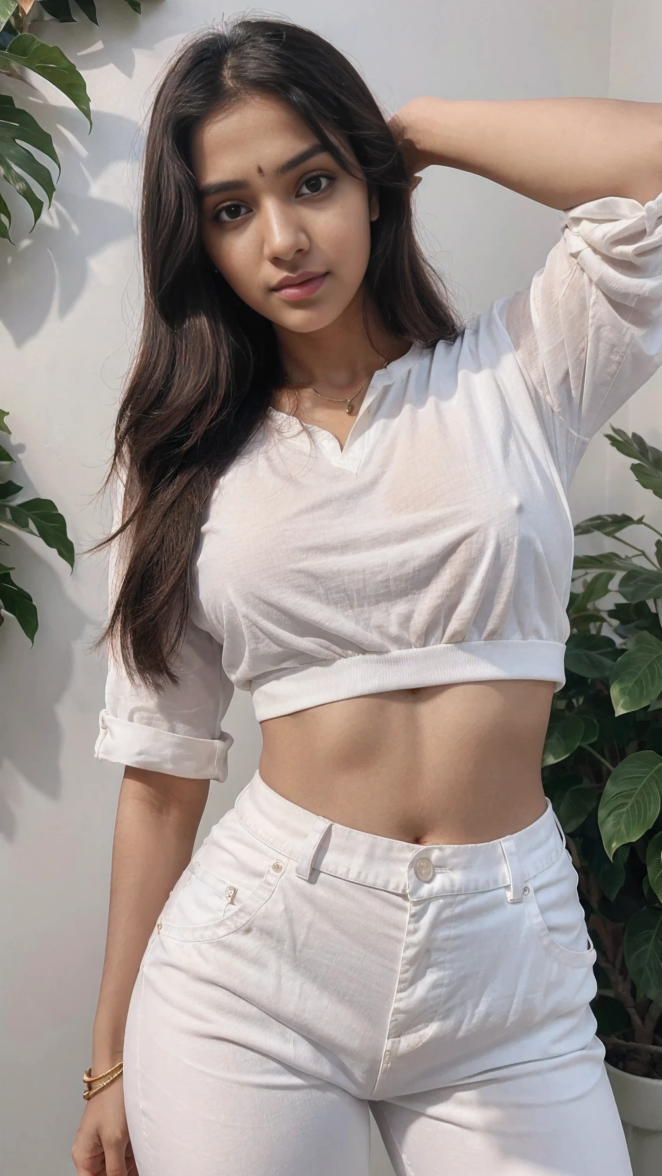 lovely Bonitinho young attractive indian girl, olhos castanhos, linda, 19 anos idade, Bonitinho, uma modelo do Instagram, Longo loiro_cabelo, colorful cabelo, inverno, indiano, wearing white shirt and black pants, sensual