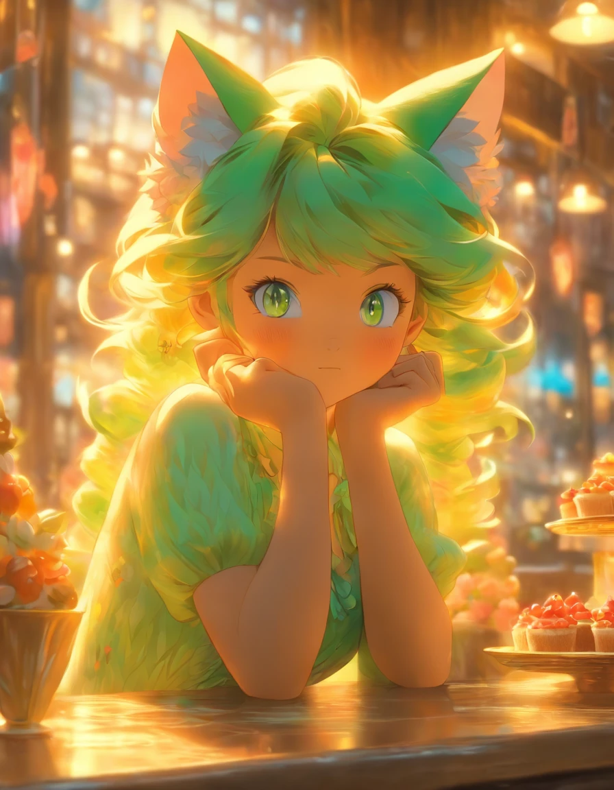 anime style, very fine illustration, high detail, dynamic angle, great detail, 8k, In a cafe where the morning sunlight pours through the window, there is a plate with a cake covered with fruit on the table. The woman eats them with a happy expression on her face. Very good illustration, high detail, dynamic angle, beautiful details, 2D, (best quality, masterpiece, beauty, tenderness), Anime, very detailed face, very detailed eyes, very detailed background, perfect lighting, whole body, 1 girl, One, (Very detailed cat ears), (very detailed ears behind the hair), pink dress, green eyes, finely drawn eyes, ears covered with hair, very detailed hands, very detailed hands. masterpiece, top quality, Best quality, official art, beautiful and aesthetically pleasing:1.2), (1 girl, mature:1.3, got old:1.3), Extremely detailed,(fractal art:1.1),(colorful:1.4)(flowers:1.3),The most detailed,(zentangle:1.2), (dynamic pose), (abstract background:1.3), (shiny skin), (many colors:1.4),(earrings:1.4), Long hair