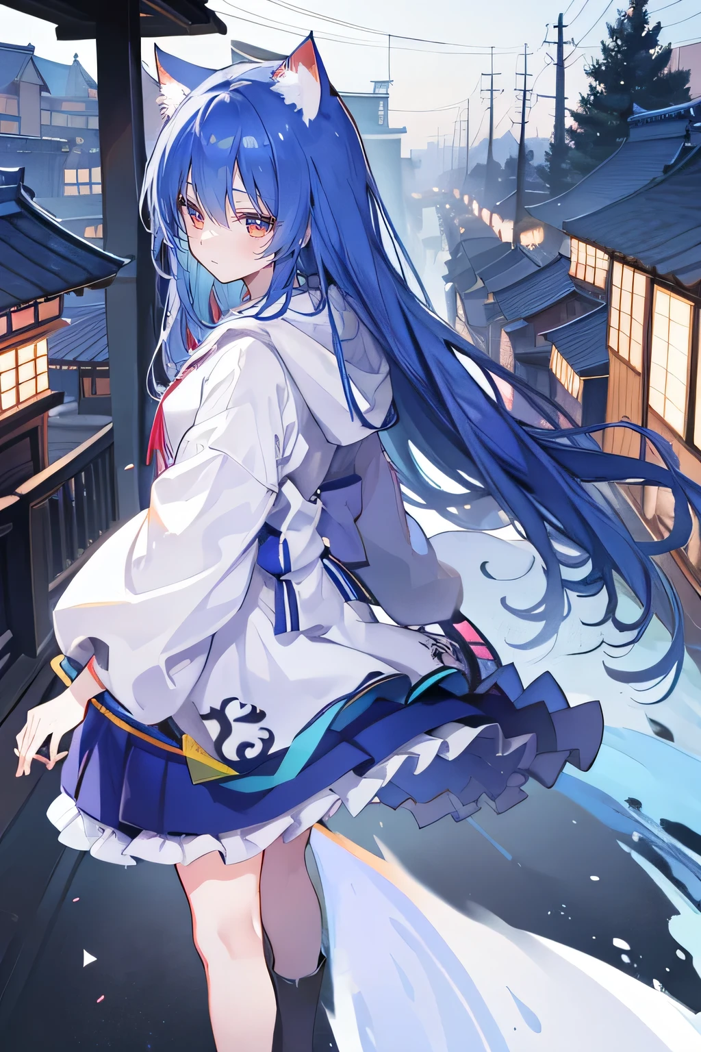 （masterpiece：1.2），Super detailed，lifelike，Expressive eyes，fair skin，perfect face shape，1 girl，
Japanese comics,Gorgeous blue hair,flowing blue hair,flowing clothes,Cat ears,Petals fall,beautiful lola,Baby Angel,
Shaking head with one hand，Cross your legs，Gentle and peaceful background，The pavilion is cool and comfortable,smile, wearing hoodie, background of tokyo,back views,snowing, winter.
