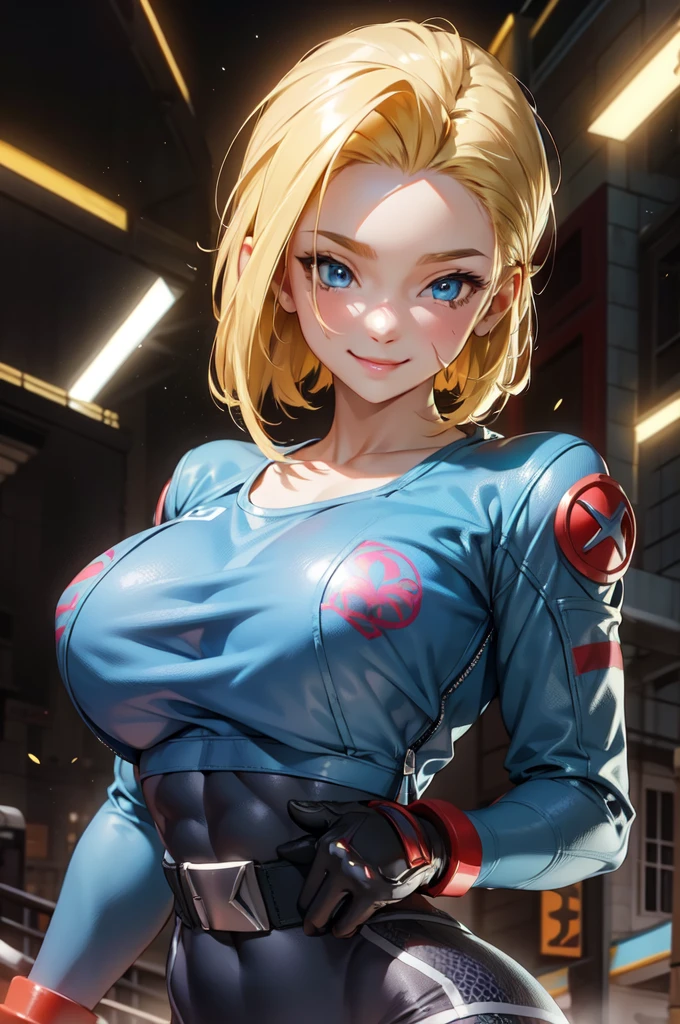 cammy 6 ,1girl , solo , tank top , yoga pant, abs, short hair , blonde hair , open jacket ,blue eyes , outdoor , standing , smile , happy , upper body , scar on cheeks ,gloves,