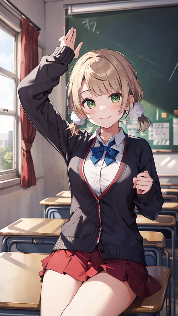 masterpiece, highest quality, High resolution, UI2, One girl, alone, Green Eyes, alone, Red Skirt, White shirt, Low twin tails, Pom-pom \(Clothes\), Collared shirt, Blue ribbon,, Long sleeve, cardigan,Swimsuit,Cowboy Shots, Sitting, classroom, machine, Put your hands on the table, smile, Show your armpits, Raise your arms