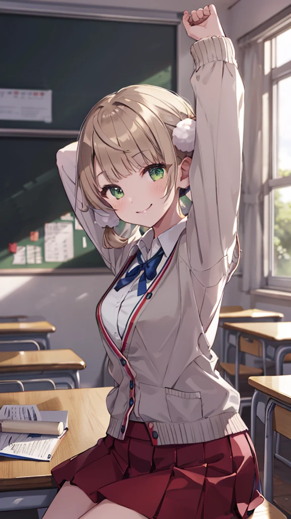 masterpiece, highest quality, High resolution, UI2, One girl, alone, Green Eyes, alone, Red Skirt, White shirt, Low twin tails, Pom-pom \(Clothes\), Collared shirt, Blue ribbon,, Long sleeve, cardigan,Swimsuit,Cowboy Shots, Sitting, classroom, machine, Put your hands on the table, smile, Show your armpits, Raise your arms