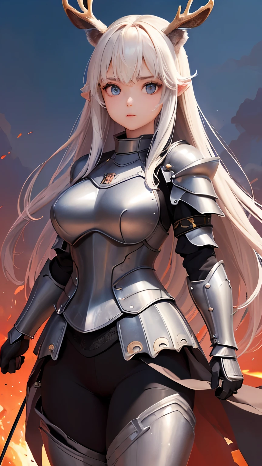 ((Highest quality))、((8K))、((Warrior))、((woman))、Big eyes、Double、((大人のwoman))、whole body、（armor）、((whole bodyarmor))、Deer ears、Deer horn、long hair、((battlefield))、Cape、((Real))、Big Breasts、pants、((sword))、((手までReal))、((細部までReal))、