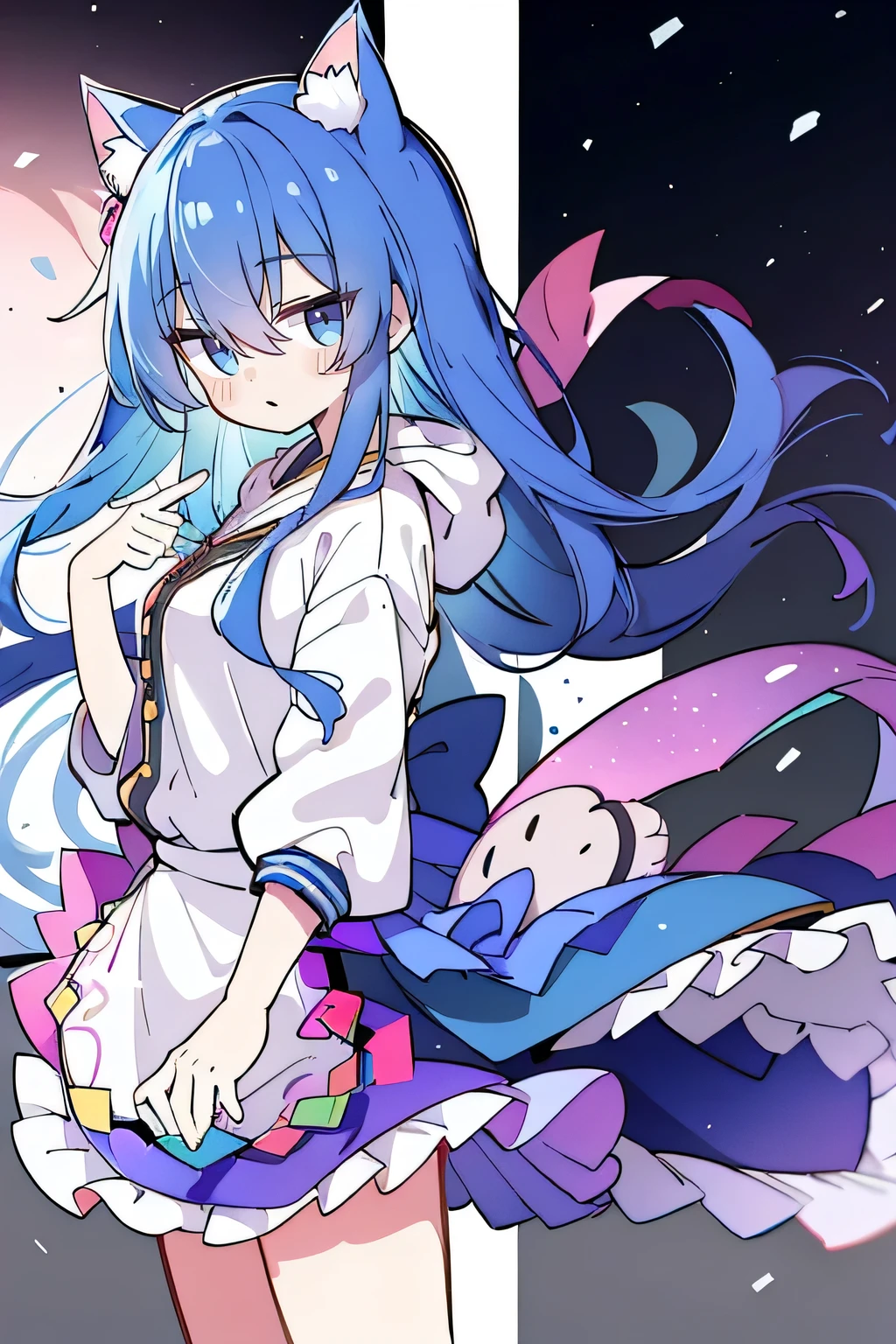 (masterpiece:1.2),Super detailed,lifelike,Expressive eyes,fair skin,perfect face shape,1 girl,
Japanese comics,Gorgeous blue hair,flowing blue hair,flowing clothes,Cat ears,Petals fall,beautiful lola,Baby Angel,
Shaking head with one hand,Cross your legs,Gentle and peaceful background,The pavilion is cool and comfortable,smile, wearing hoodie, background of tokyo,back views,snowing, winter.
