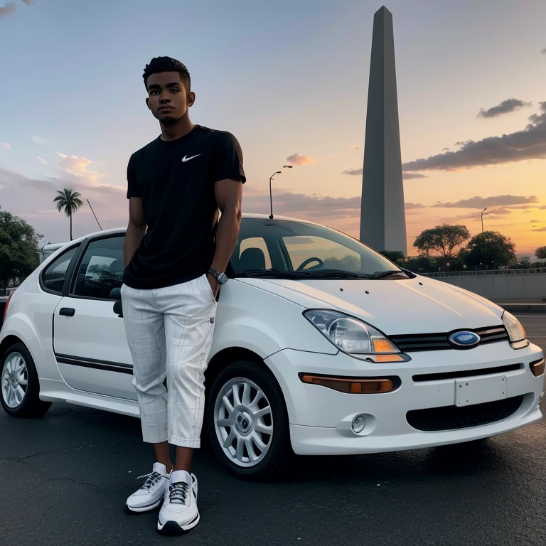 Disney caricature effect Young dark-skinned Latino with black white flannel pants and white Nike shoes standing next to his white 2006 Ford Fiesta vehicle with the obelisk of Barquisimeto Venezuela and a sunset with twilight in the background