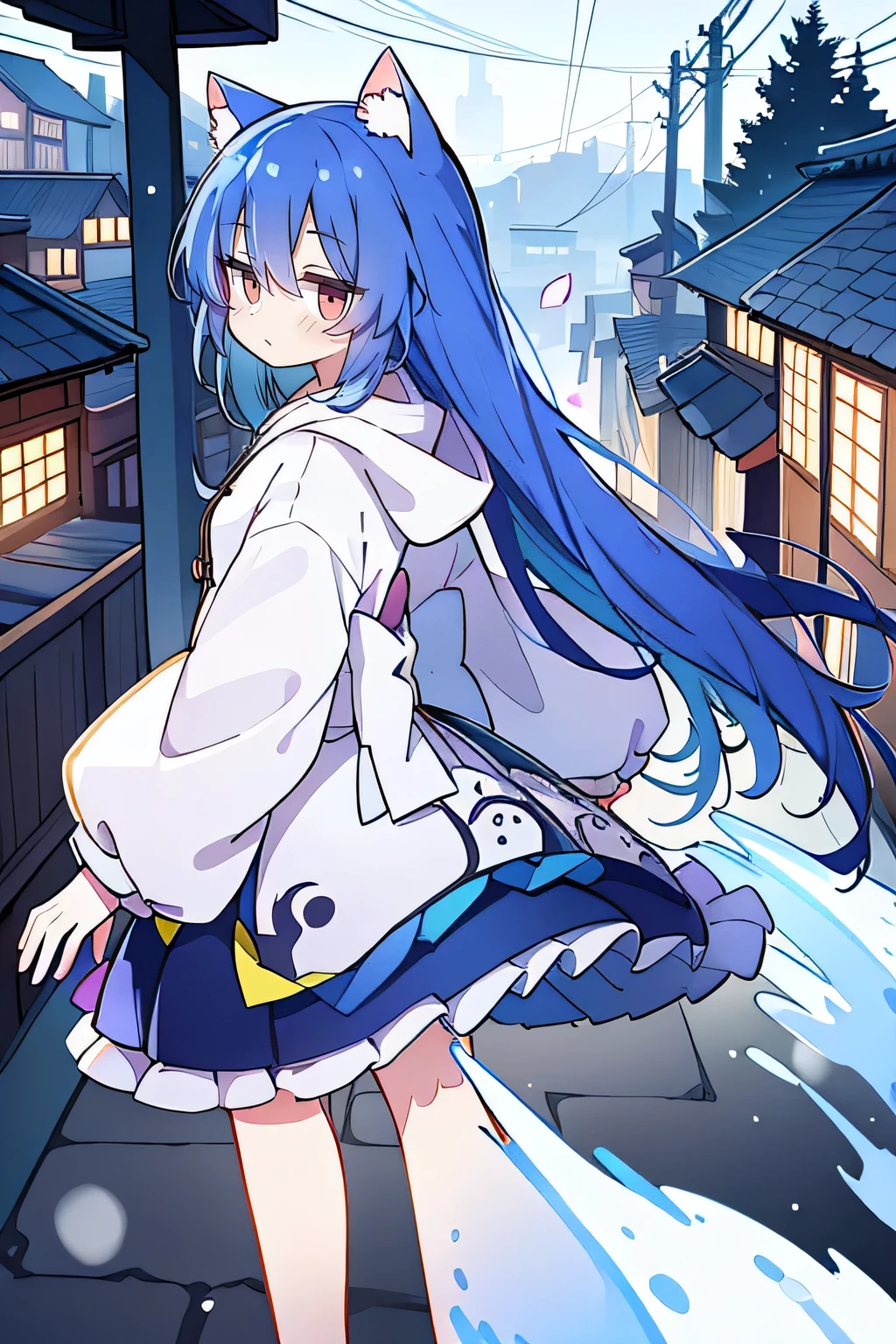 (masterpiece:1.2),Super detailed,lifelike,Expressive eyes,fair skin,perfect face shape,1 girl,
Japanese comics,Gorgeous blue hair,flowing blue hair,flowing clothes,Cat ears,Petals fall,beautiful lola,Baby Angel,
Shaking head with one hand,Cross your legs,Gentle and peaceful background,The pavilion is cool and comfortable,smile, wearing hoodie, background of tokyo,back views,snowing, winter.