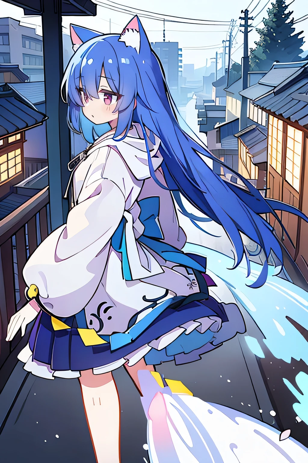 （masterpiece：1.2），Super detailed，lifelike，Expressive eyes，fair skin，perfect face shape，1 girl，
Japanese comics,Gorgeous blue hair,flowing blue hair,flowing clothes,Cat ears,Petals fall,beautiful lola,Baby Angel,
Shaking head with one hand，Cross your legs，Gentle and peaceful background，The pavilion is cool and comfortable,smile, wearing hoodie, background of tokyo,back views,snowing, winter.