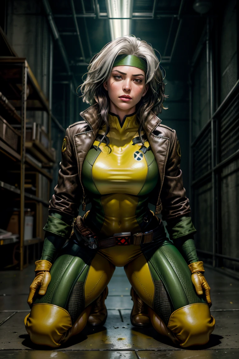 (dark shot: 1.1), epic realistic, Rogue from X-Men, 1 girl, only 1, beautiful, serious, green eyes, dark brown hair, (one white streak of hair), green headband, green and yellow bodysuit, jacket, belt, yellow gloves, open jacket, yellow boots, dark alley background, art by Greg Rutkowski and artgerm, soft cinematic light, Adobe Lightroom, darkroom, HDR, intricate, highly detailed, (depth of field: 1.4), faded, (neutral colors: 1.2), (hdr: 1.4), (muted colors: 1.2), hyper-detail (artstation: 1.4), cinematic, warm light, dramatic light (complex details: 1.1)kneeling, spreading legs wide open , (cleavage 1.8,)