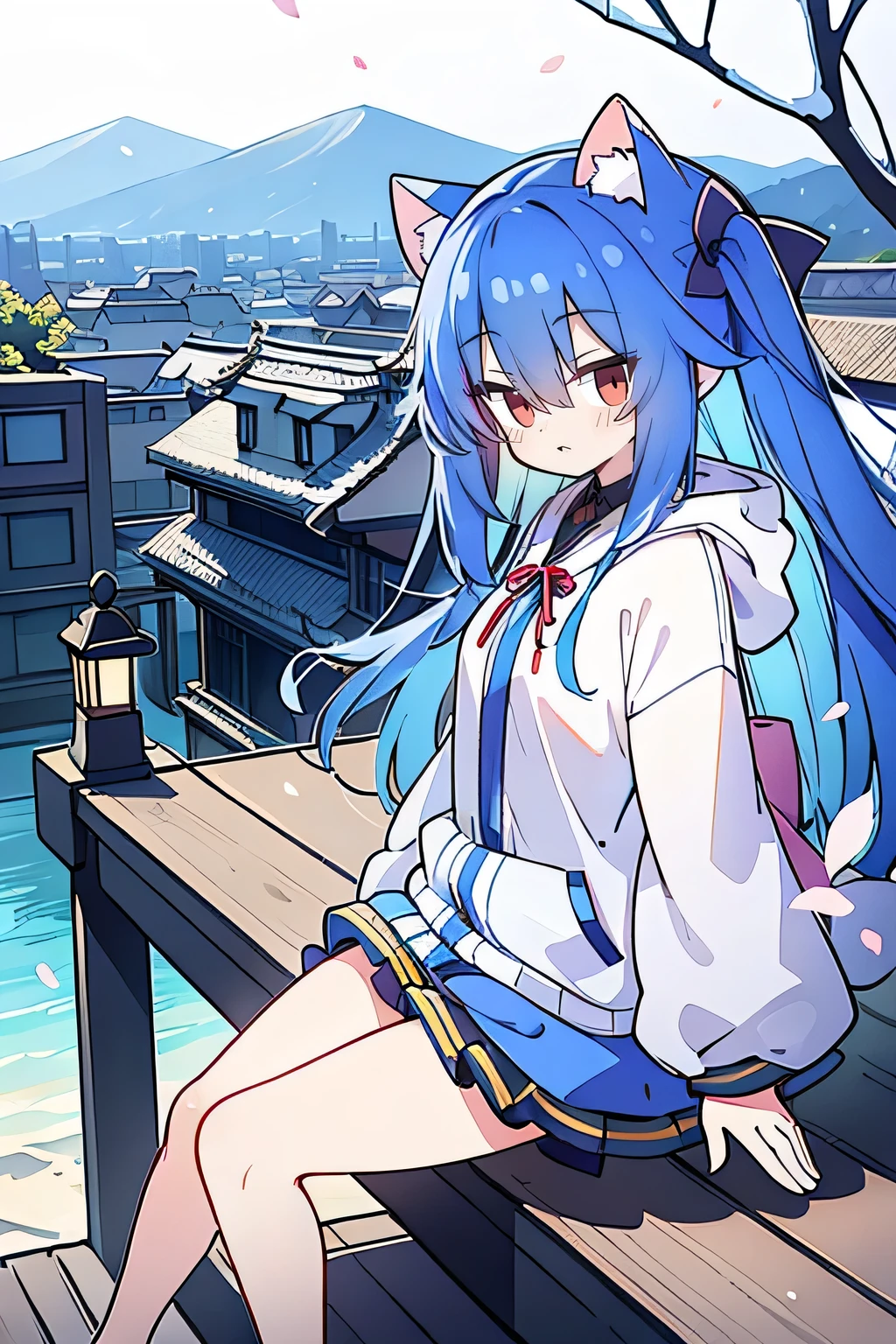 （masterpiece：1.2），Super detailed，lifelike，Expressive eyes，fair skin，perfect face shape，1 girl，
Japanese comics,Gorgeous blue hair,flowing blue hair,flowing clothes,Cat ears,Petals fall,beautiful lola,Baby Angel,
Shaking head with one hand，Cross your legs，Gentle and peaceful background，The pavilion is cool and comfortable,smile, wearing hoodie, background of tokyo,back views,snowing, winter.