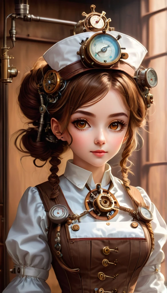mechanism:Humanoid:nurse:16th century European nurse uniform:whole body,doll face:perfect face:Big brown eyes,eyelash,hide the wires in your hair,she is made of machine,steampunk elements,mechanical engineering,mechanically,mechanical,POP,cute,intricate details,Very fine,High resolution,high quality,最high quality,Clearly,Be clear,beautiful light and shadow,three-dimensional,adorable look,complex configuration,mechanism,dynamic,busy,work hard,A look that makes you want to support,medical equipment,shelf with medical supplies,medicine vial,show evidence that it is a machine,light from window