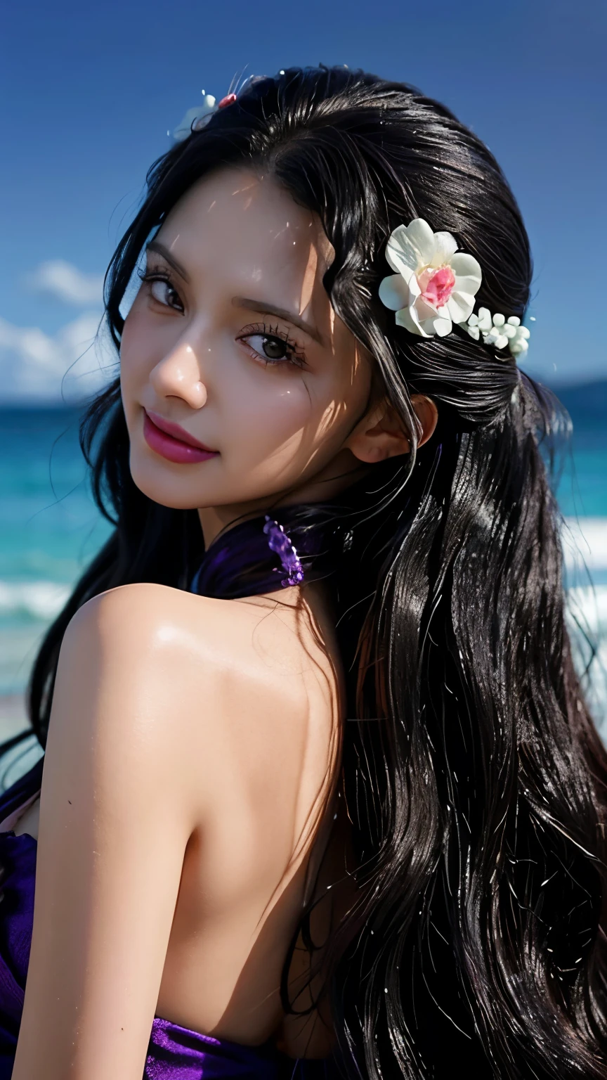 Close-up of a person with long hair and purple clothing, viola, viola from anime one piece, as an Anime characters, Perfect anime face, she has Black Hair with bangs, female Anime characters, Anime characters, Anime Best Girl, Hime cut hairstyle, Black Hair, (Red glossy lips:1.3), blue eyes, smile, Ocean Background, (Beautiful Face:1.3)