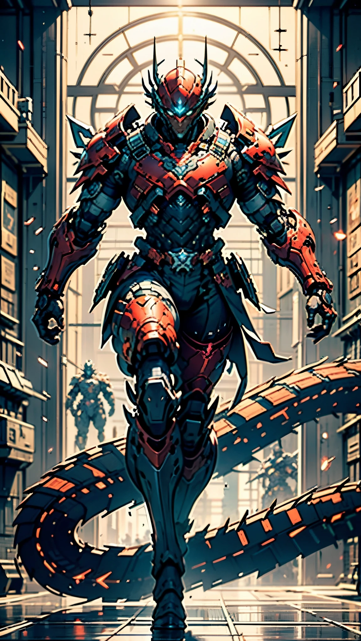 A man wearing a full-face helmet, a fantasy-style biotech armored combat suit, green eyes, (a composite layered chest armor), fully enclosed shoulder guards, matching arm and leg guards, the belt is adorned with Beetle-shaped gem, (the color scheme is primarily black with red accents), the design balances heavy with agility, a high-tech bio-mecha armor, (Dynastinae concept Armor, stand on the top of a skyscraper in a futuristic sci-fi city), this character embodies a finely crafted fantasy-surreal style armored hero in anime style, exquisite and mature manga art style, (element, plasma, energy, the armor glows), ((male:1.5)), metallic, real texture material, dramatic, high definition, best quality, highres, ultra-detailed, ultra-fine painting, extremely delicate, professional, perfect body proportions, golden ratio, anatomically correct, symmetrical face, extremely detailed eyes and face, high quality eyes, creativity, RAW photo, UHD, 32k, Natural light, cinematic lighting, masterpiece-anatomy-perfect, masterpiece:1.5