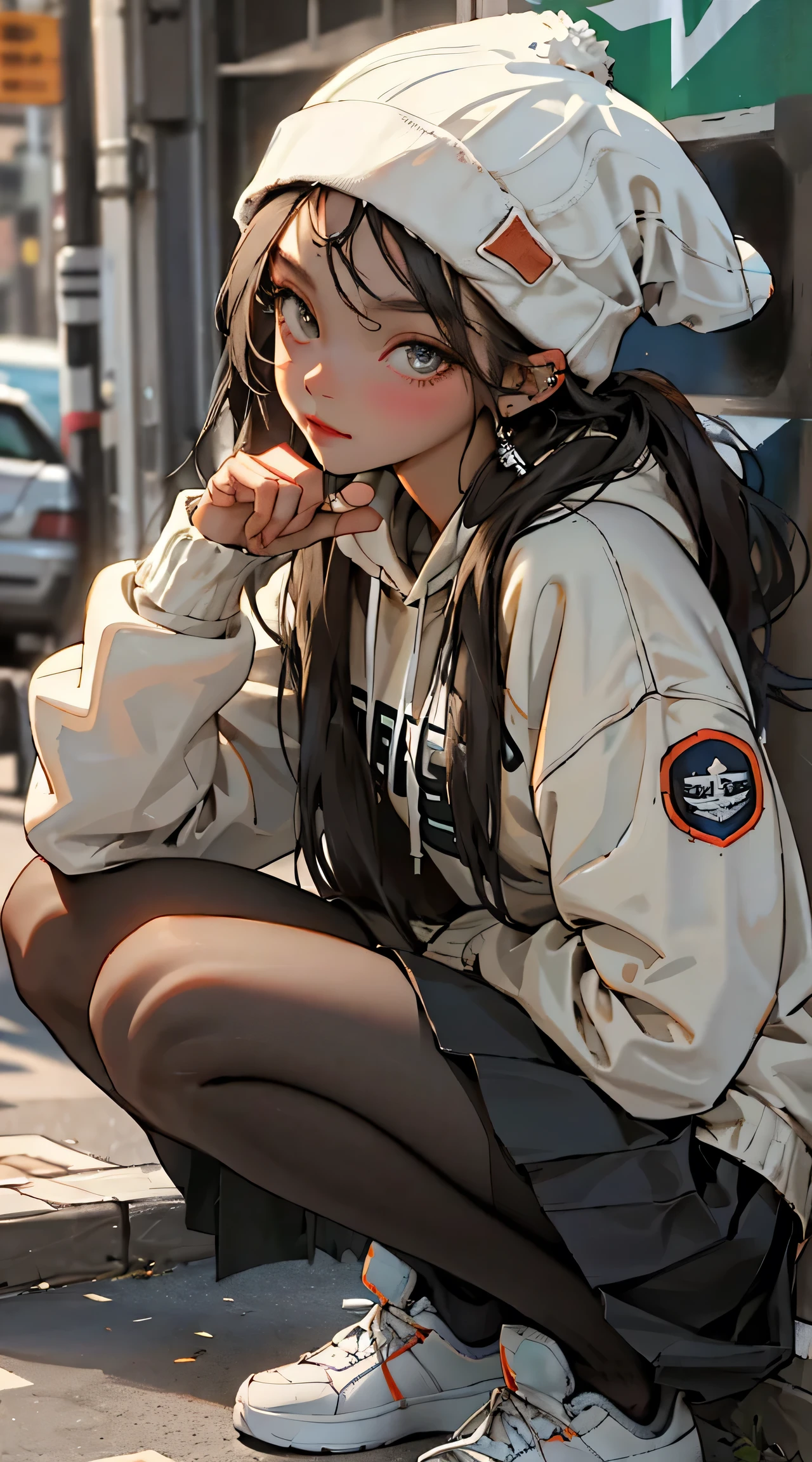 (best quality, masterpiece), 1girl, hoodie, long hair, street, crouching, looking at viewer, beanie, skirt, makeup, piercing, pantyhose,
